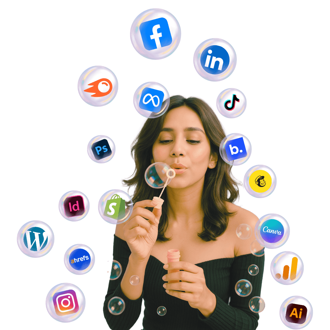 Mahi Kulkarni blowing bubbles with social media and design tool icons floating around